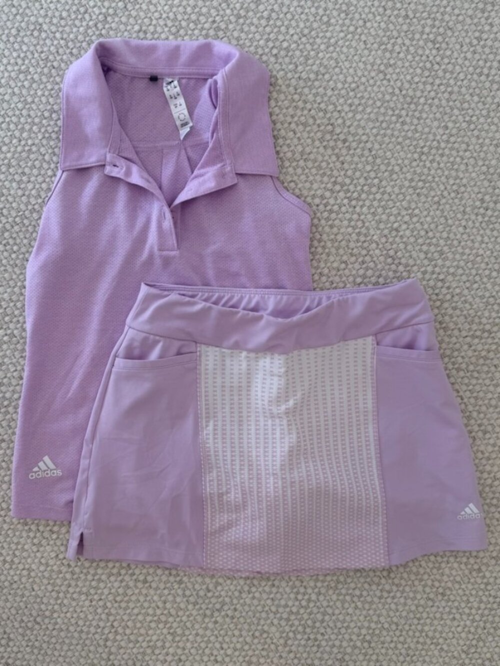 Adidas Girls HEAT.RDY Golf Polo & Printed Skort Set Lilac Size 9/10